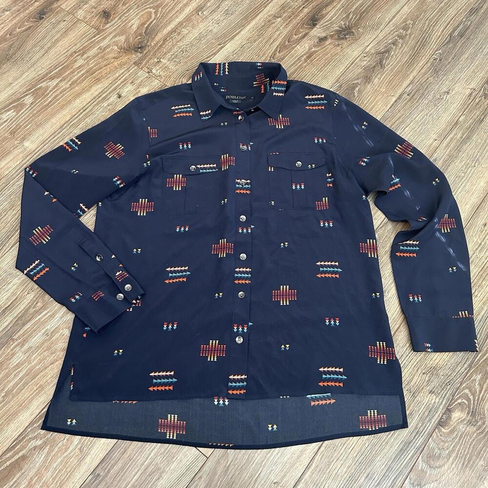 Pendleton Silk Button Down Shirt Aztec Rare Chief Joseph Navy Print Blouse Top M